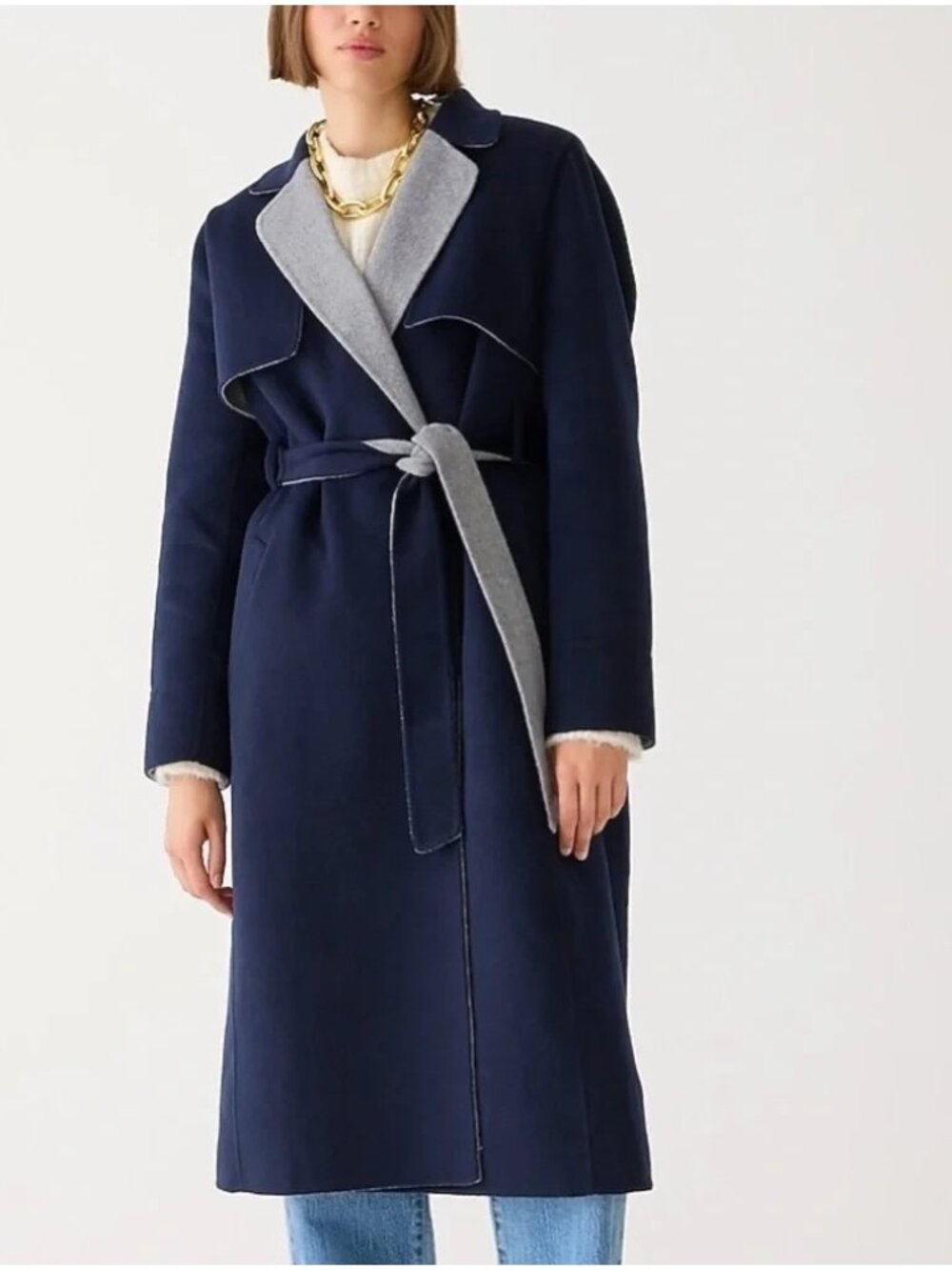 NWT J.Crew Petite Harriet Trench Coat in Navy Gray Double-Faced Wool Blend MP